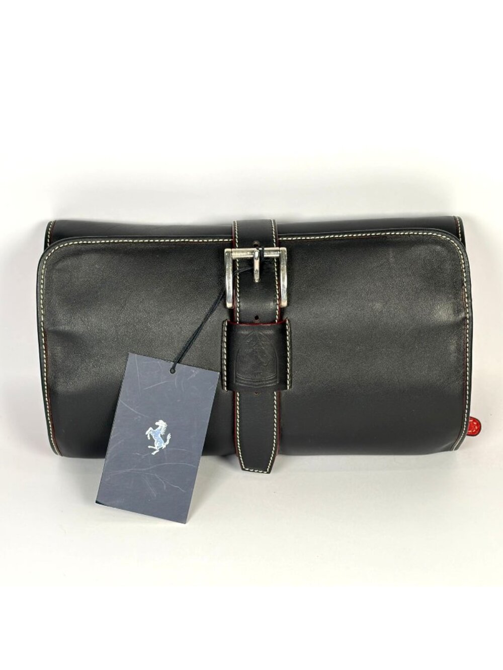Ferrari Black Leather Toiletry Pouch Hanging Dopp Kit Buckle Closure Made Italy